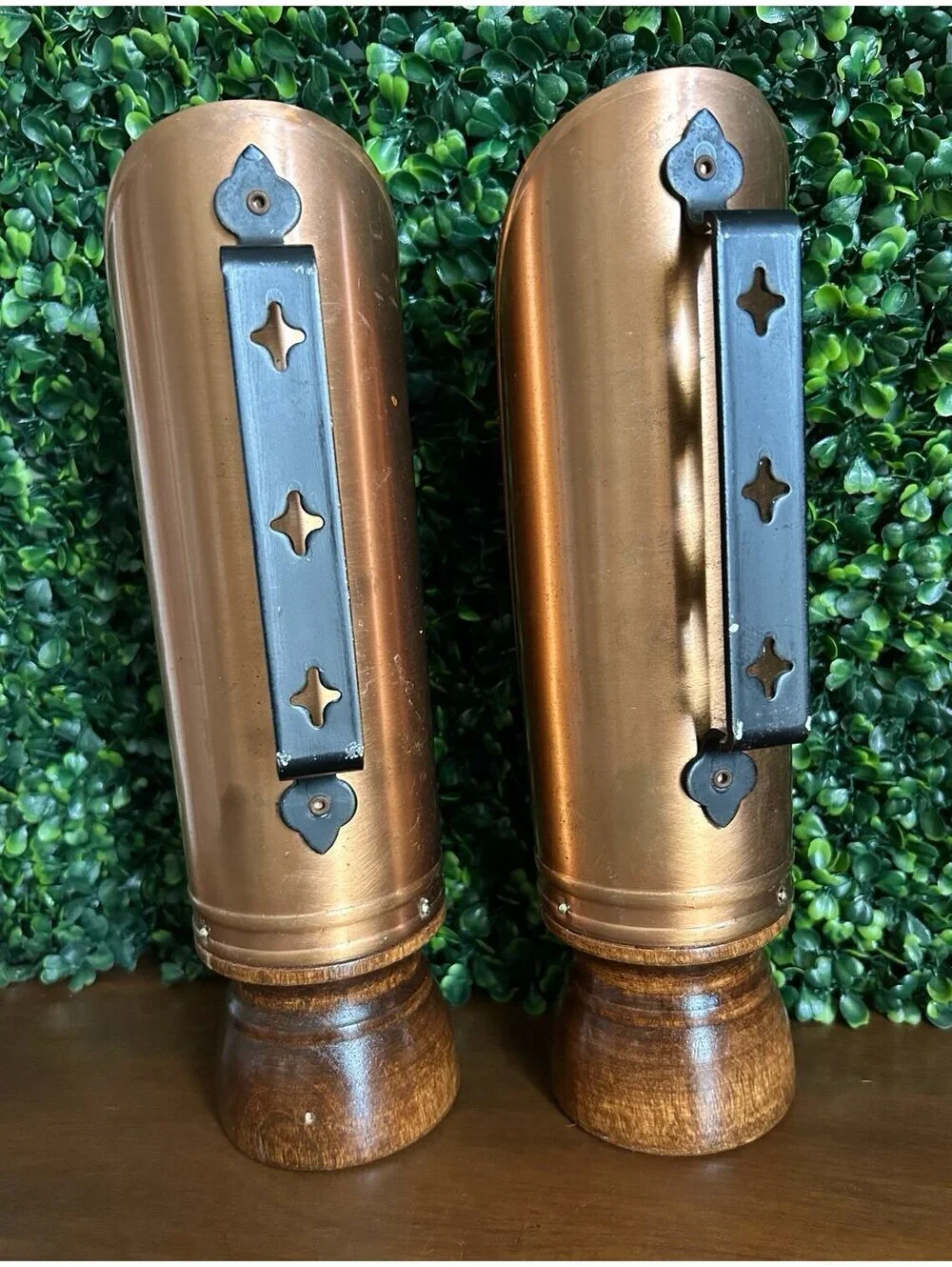 Vintage 1970s Copper Reflector Wall Sconces Candle Holders Wood Pair